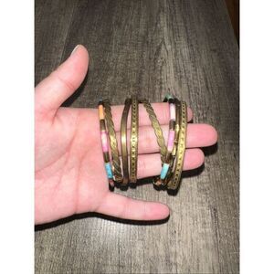 Vintage Brass Bangle Bracelet Lot Etched & Pastel Inlay Boho 1960s 70s set of 8